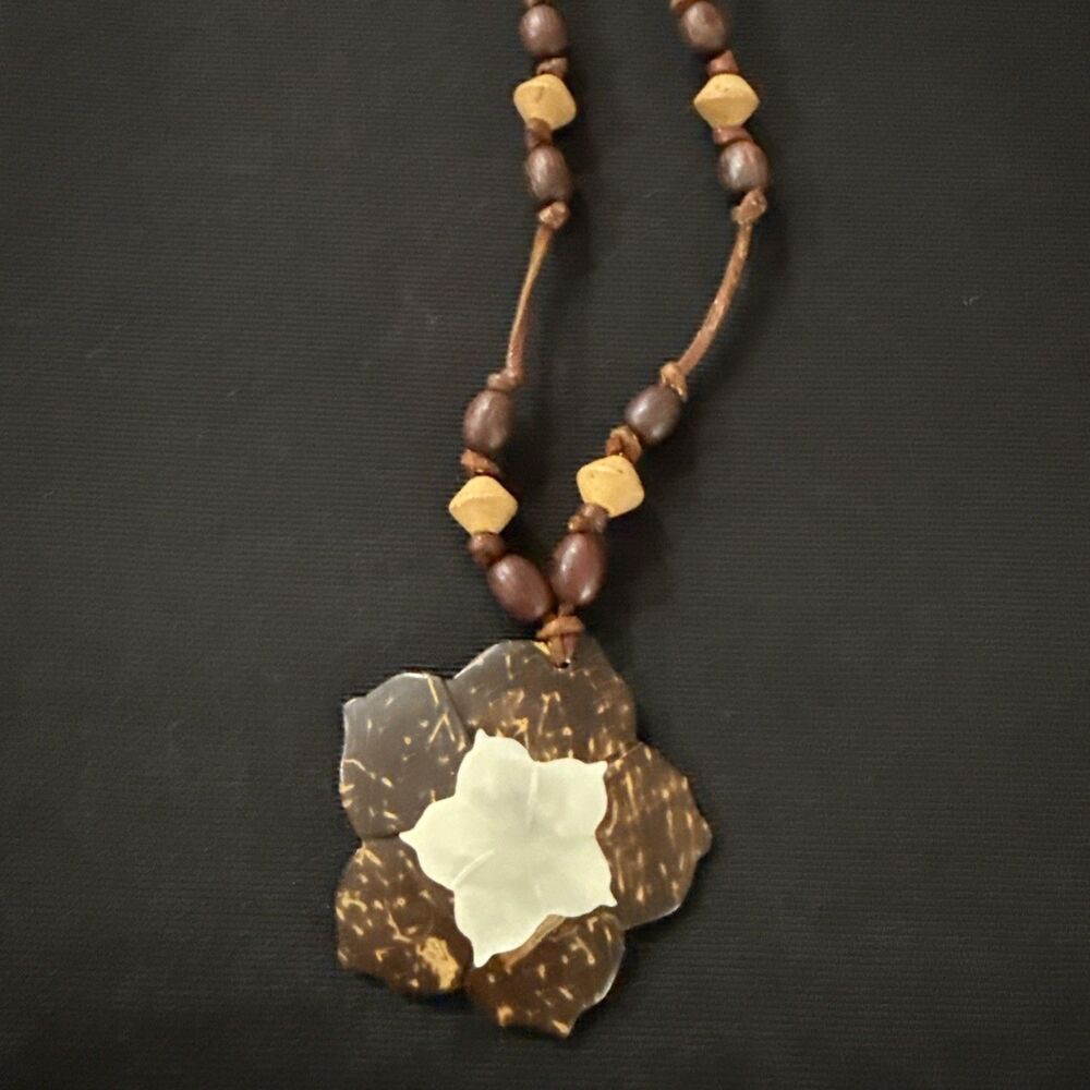 Wooden Bead Necklace Large Mother of Pearl & Coconut Flower Shape Pendant 18”